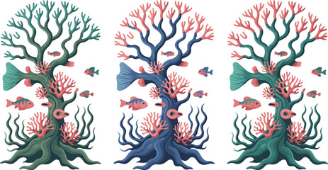 Fantasy Coral Tree with Tropical Fish Collection Underwater Marine Life Vector Illustration Design © Artist RH