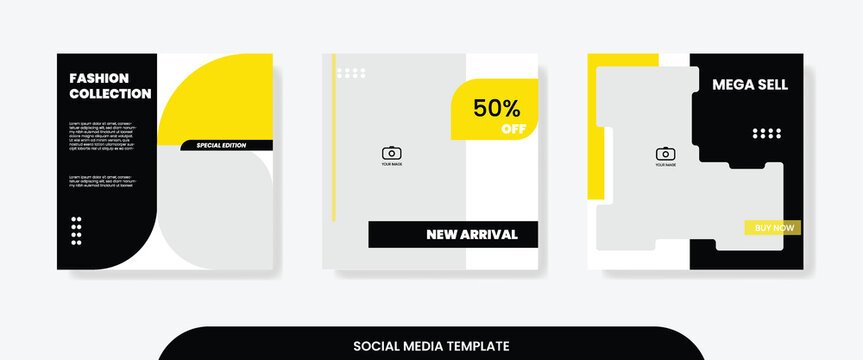 A set of minimalist social media post templates featuring a modern black, white, and yellow color palette. Ideal for fashion brands, retail promotions and e-commerce marketing campaigns