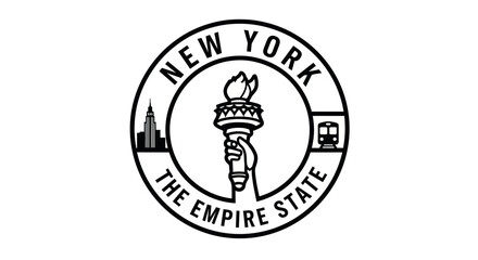 New York State Empire State Emblem with Statue of Liberty Torch, Skyline, and Train © Tyasa