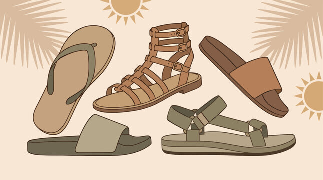Collection of diverse summer sandals and comfortable beach footwear, including flip-flops, slides, and gladiator sandals, perfect for warm weather and vacation.