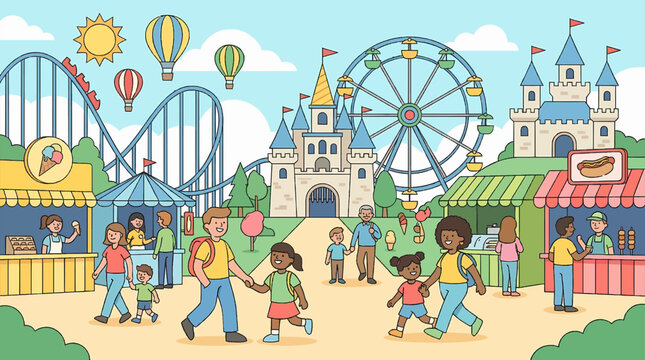 Cheerful cartoon illustration of families and children enjoying a fun-filled day at a bustling amusement park, featuring roller coasters, Ferris wheel, whimsical castles, and various food stalls.
