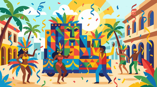 Vibrant street carnival parade with diverse people dancing and celebrating, featuring a colorful float, palm trees, and confetti in a festive atmosphere.