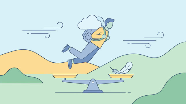 Minimalist flat design illustration of a man with a cloud backpack floating lightly, balancing his weight against a feather on a scale in nature.