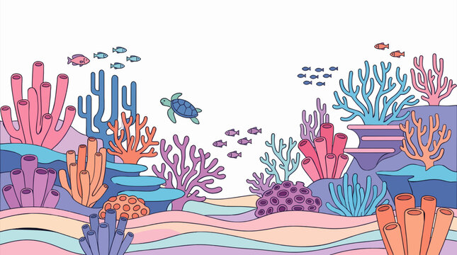 Vibrant cartoon illustration of an animated underwater coral reef ecosystem teeming with colorful marine life, including small fish and a swimming sea turtle.