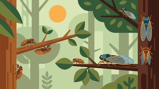 Flat design illustration of cicadas emerging and molting in a lush green forest with trees and bright sun for summer nature themes.
