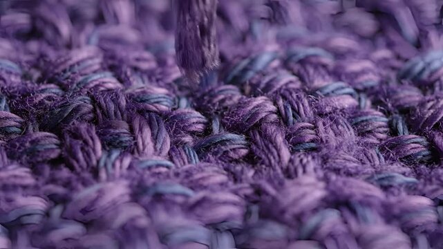 Closeup macro shot of purple yarn texture with intricate weave pattern.