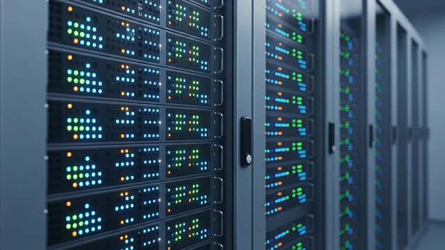 server racks datacenter blinking lights technology infrastructure