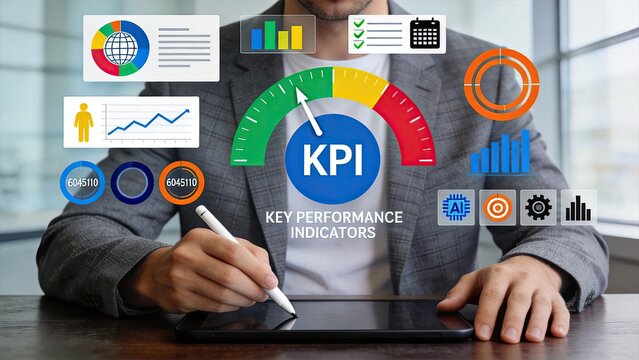 Manager analyzing key performance indicators on tablet with colorful gauge charts and graphs for business metrics tracking and strategic decision making process