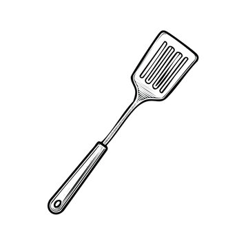 Slotted kitchen spatula flipper cooking utensil sketch silhouettes with hand drawn, illustration