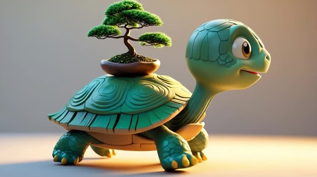 Whimsical 3D illustration of a cartoon turtle carrying a bonsai tree