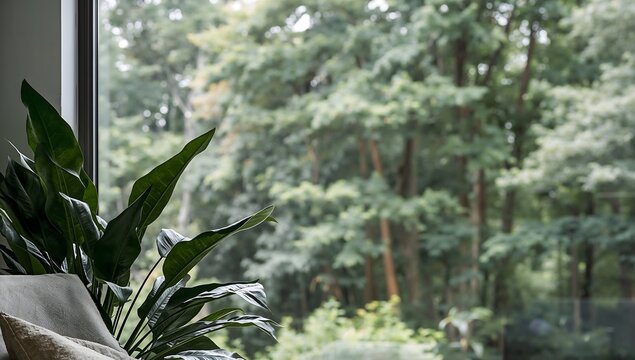 Lush green houseplant by window overlooking blurry forest landscape