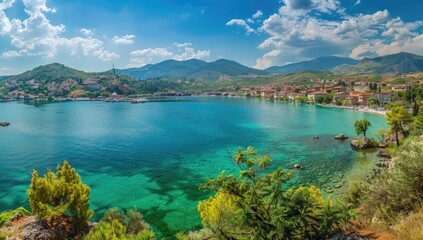 Obraz premium Scenic coastal vista featuring a bay, mountains, buildings, clear water and a vibrant blue sky
