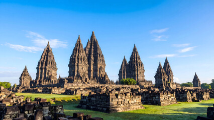 Fototapeta premium Prambanan temple complex towers under blue sky