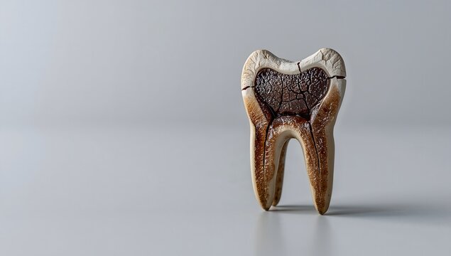 Macro photo of a decayed tooth with deep dental caries and cavities