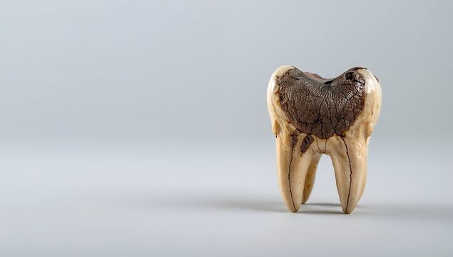 Macro shot of a damaged human tooth with dental caries and decay