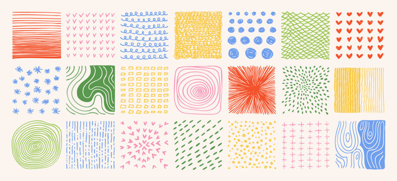Hand drawn square abstract backgrounds simple patterns set. Doodle spots, drops brush strokes crayon curves lines scribble circle shapes. Ornament patterns for posters, social media colorful templates