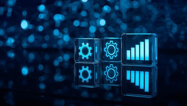 Glowing blue digital gear and bar chart icons on reflective surface