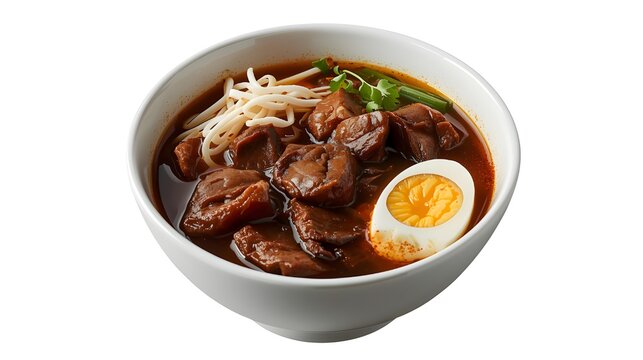 Indonesian Traditional Rawon Black Beef Soup Topped with Hard Boiled Egg and Sprouts