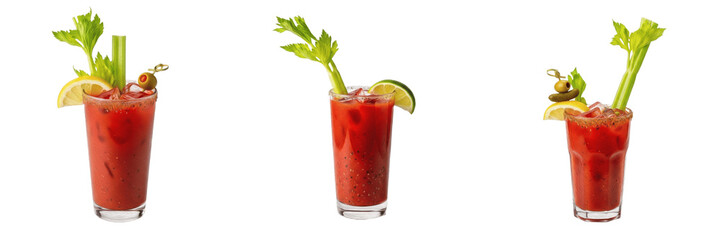 Bloody Mary Cocktail Collection: Classic Brunch Drinks with Celery, Lemon, and Olive Garnish Isolated on White, Sophisticated Alcoholic Bar Beverages for Menu Design, Professional Studio Photography P © laskhar