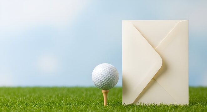 Golf ball on tee next to invitation envelope on green grass, outdoor event invitation