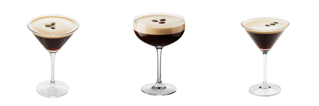 Espresso Martini Collection: Classic Coffee Cocktails with Creamy Foam and Coffee Bean Garnish Isolated on White, Sophisticated Alcoholic Bar Drinks for Menu Design, Professional Studio Photography PN
