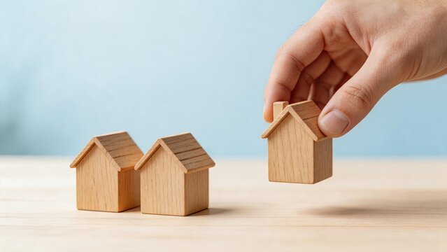 Hand selecting wooden house model from row, real estate investment property choice concept, buying home or apartment selection process in residential market