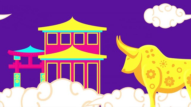 Chinese new year ox animation featuring a golden bull next to traditional temples surrounded by moving clouds.