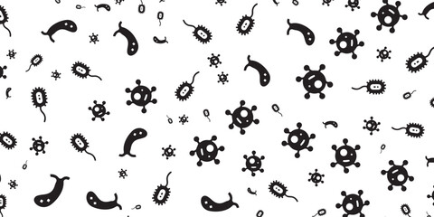 Obraz premium Seamless Pattern of Microscopic Bacteria and Viruses in Black and White.