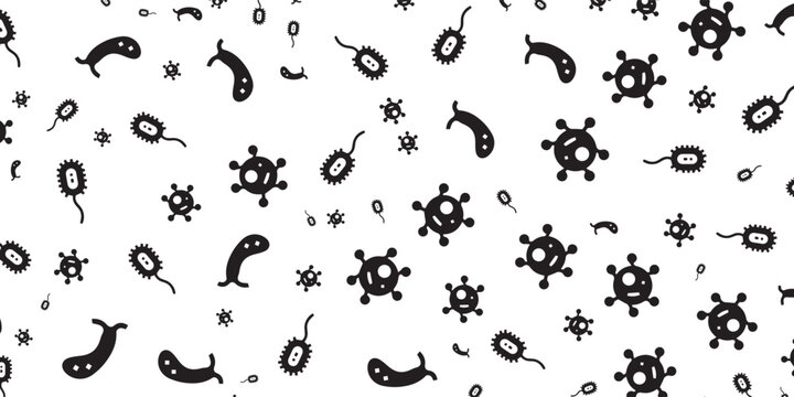Seamless Pattern of Microscopic Bacteria and Viruses in Black and White.