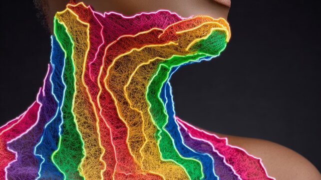 A close-up profile view of a person's neck and shoulders covered in vibrant, multi-colored wavy body paint layers mimicking geological strata, against a solid dark background.