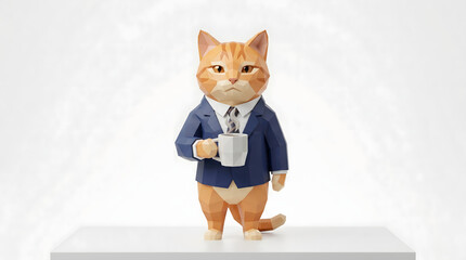 Obraz premium Orange tabby cat in suit holding coffee mug