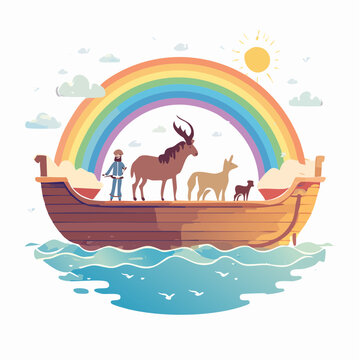 Noah's Ark with Animals and Rainbow