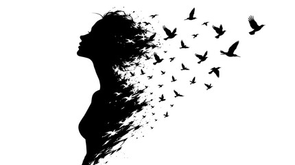 A striking black silhouette of a woman s profile transforms into a flock of soaring birds symbolizing freedom and release © MdSamir