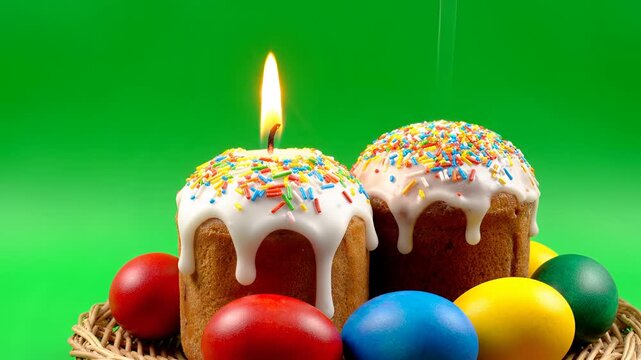Easter Cakes and Painted Eggs on a Green Background with a Lit Candle.