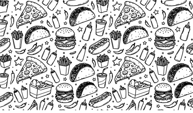 A seamless vector pattern featuring a variety of popular food icons arranged evenly across a clean background in a repeating composition. The collection includes pizza slices, burgers, tacos, hot dogs