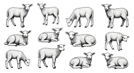 Collection of Sheep Lambs Illustrations - Various Poses, Hand-Drawn Style © utin