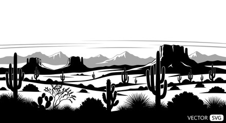 Desert Landscape Silhouette with Cacti, Mesas, and Mountains © utin