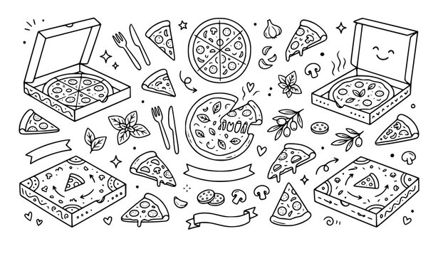 Hand drawn pizza box vector illustration set cute Italian food doodles