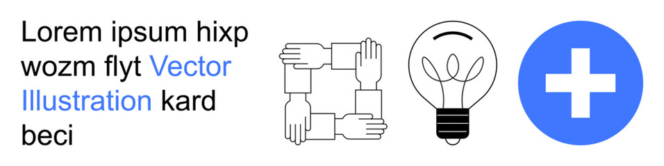 Obraz premium Teamwork, creativity, healthcare, problem-solving, support, and medical care. Four interlocked hands, a light bulb and a medical cross. Teamwork and creativity concepts