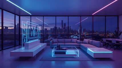 Fototapeta premium Modern living room with holographic display and city skyline at dusk with neon lighting