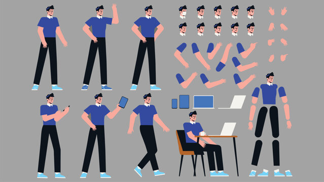 Set of character components for animation and design, including body parts, clothing, and accessories for creating custom figures