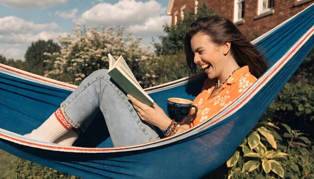 Solo reader in a backyard hammock chuckles at a book, coffee balanced on her belly, breeze rustling pages &mdash; tranquil, relatable lifestyle shot.