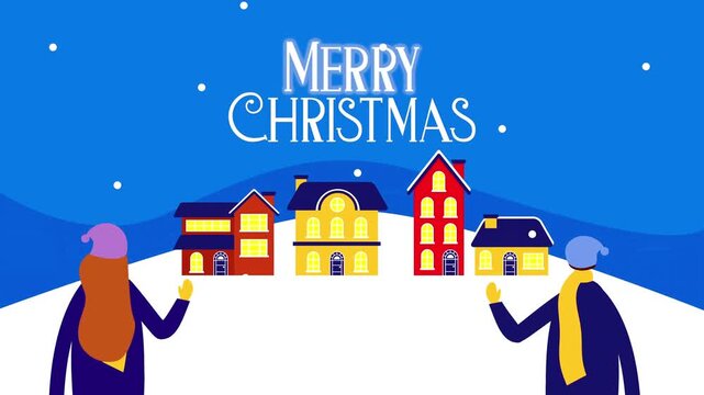Merry Christmas text animation over a snowy winter village scene with characters waving under a festive snowfall.