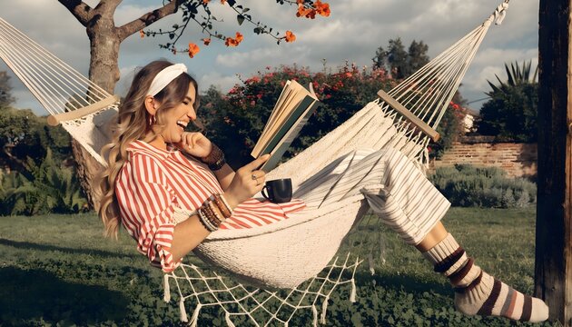Solo reader in a backyard hammock chuckles at a book, coffee balanced on her belly, breeze rustling pages &mdash; tranquil, relatable lifestyle shot.