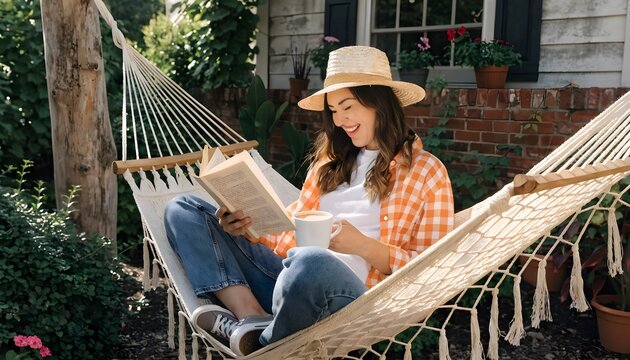 Solo reader in a backyard hammock chuckles at a book, coffee balanced on her belly, breeze rustling pages &mdash; tranquil, relatable lifestyle shot.