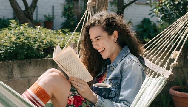 Solo reader in a backyard hammock chuckles at a book, coffee balanced on her belly, breeze rustling pages &mdash; tranquil, relatable lifestyle shot.