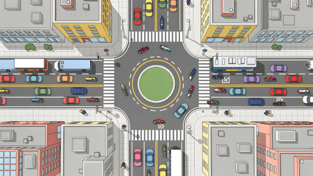 overhead view of busy urban roundabout with colorful cars buildings and pedestrians