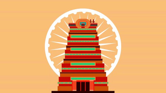 Indian temple gopuram tower animation with a large spinning chakra wheel in the background against a warm pastel backdrop.