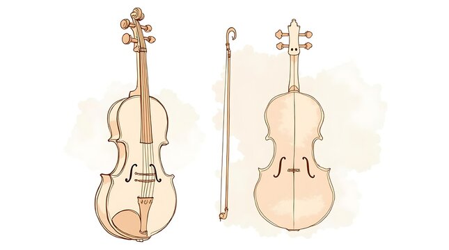 Elegant Violins with Bow in Soft Watercolor Style