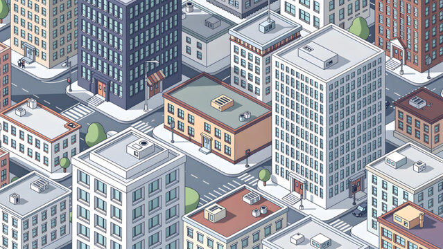 isometric urban cityscape with multistory buildings streets cars and trees in daylight